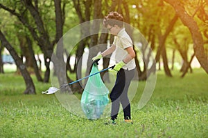 Recycle waste litter rubbish garbage trash junk clean training. Nature cleaning, volunteer ecology green concept. Young men and