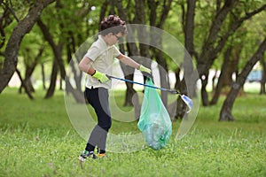 Recycle waste litter rubbish garbage trash junk clean training. Nature cleaning, volunteer ecology green concept. Young men and