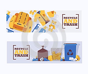 Recycle waste and trash concept banners vector illustration. Littering waste disposed improperly around blue plastic