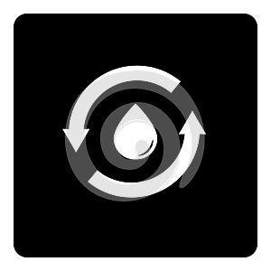 Recycle water icon. water drop inside circle arrows on black background