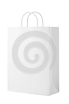 Recycle white paper bag isolated white background, copy space. Or a white paper bag on a white background.