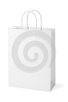 Recycle white paper bag isolated white background, copy space. Or a white paper bag on a white background.