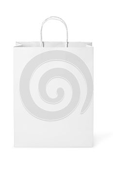 Recycle white paper bag isolated white background, copy space. Or a white paper bag on a white background.