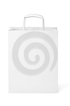 Recycle white paper bag isolated white background, copy space. Or a white paper bag on a white background.