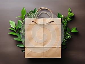 Recycled brown paper shopping bag . Zero waste and reuse concept copy space