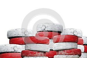 Recycled Car tires painted red and white Is a traffic symbol no parking.which isolated on a white background