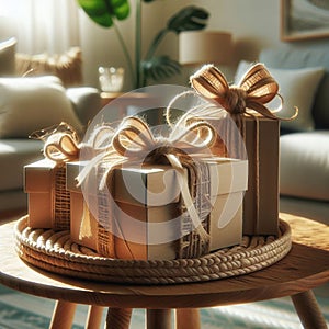 Recycled cardboard boxes for Christmas gifts in a modern interior. Created using an AI model.