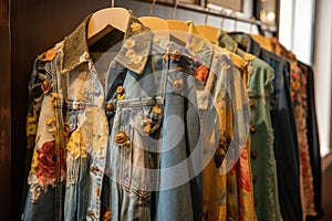 recycled clothing boutique, showcasing unique and colorful fashions made from recycled materials