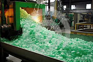 Recycled Glass Bottles Being Crushed And Melted To Make New Products. Generative AI