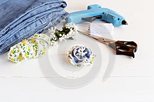 Recycled jeans brooch. Pretty flower brooch using recycled old jeans. Craft idea for children and women