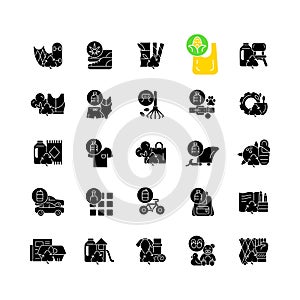 Recycled materials black glyph icons set on white space