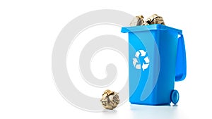 Recycled paper. Blue dustbin for recycle plastic and glass can trash isolated on white background. Bin container for disposal