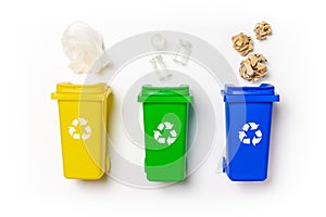 Recycled plastic. Bin container for disposal garbage waste and save environment. Yellow, green, blue dustbin for recycle paper and