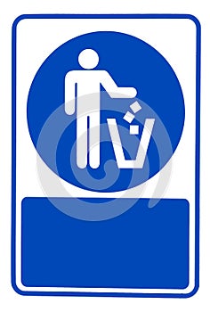 Recycled symbol over blue and white background. Man throwing trash into dust bin. Keep clean