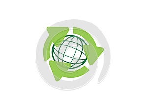 Recycling arrow and globe, green earth environmental for logo design illustration on white background