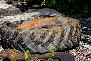 Recycling automobile tractor old damaged tire