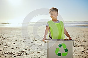 Recycling, beach cleaning and child in portrait, environment and climate change with sustainability and volunteer mockup