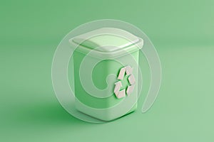 Recycling bin 3d render. Trash bin with recycle symbol on pastel background. Ecology and zero waste concept. Minimalistic