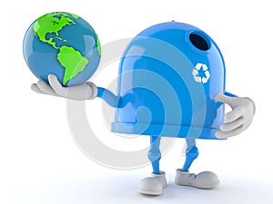 Recycling bin character holding world globe