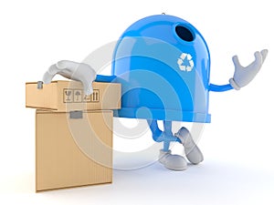 Recycling bin character with stack of boxes
