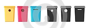 Recycling bin garbage trash can icon vector graphic pictogram set, separate segregate waste container box flat red blue yellow