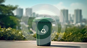Recycling bin on green city background. Concept of Ecology and Environment conservation resource sustainable