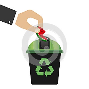 Recycling bin with green lid for waste products. Recycling symbol. Environmental Protection. Zero waste. White background. Vector