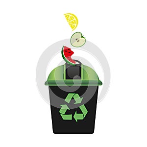 Recycling bin with green lid for waste products. Recycling symbol. Environmental Protection. Zero waste. White background. Vector