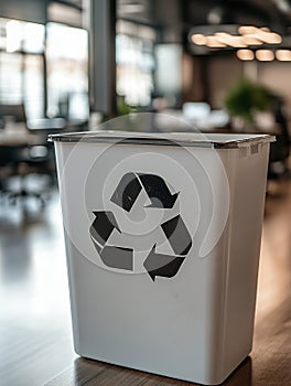 Recycling bin in a modern office setting, focus on symbol.