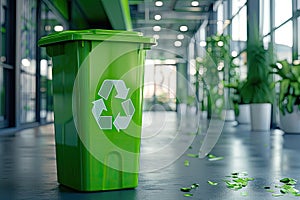 Green Recycling Bin in Modern Office Environment