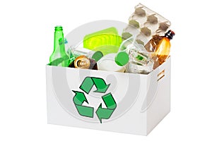 Recycling bin with paper, plastic, glass, metal waste isolated on white