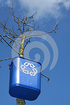 Recycling bin on tree