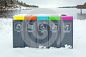 Recycling bins at Baltic Sea of Sweden for protect environment photo