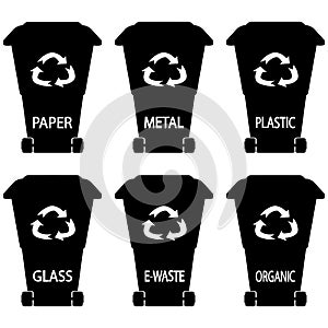 Recycling bins. Black trashcan. Waste bins. Glyph dustbin. Garbage in glyph style: Organic, Plastic, Metal, Paper, Glass, E-waste