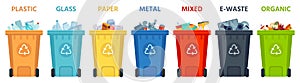 Recycling bins. Containers with separated garbage. Trash cans for plastic, glass, paper and organic. Segregate waste