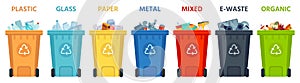 Recycling bins. Containers with separated garbage. Trash cans for plastic, glass, paper and organic. Segregate waste photo