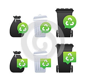 Recycling bins and garbage bags with recycle symbol, promoting waste management and environmental care