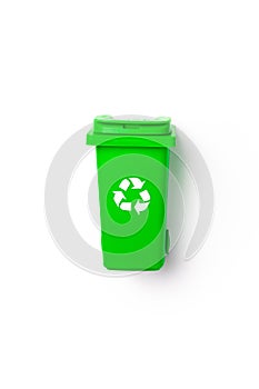 Recycling bins. Green dustbin for recycle glass can trash isolated on white background. Container for disposal garbage waste and