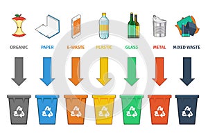 Recycling bins separation. Waste management vector