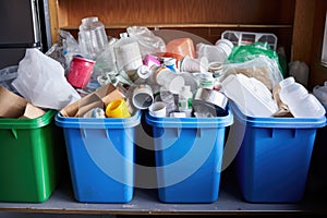 recycling bins sorted by materials: plastic, glass, paper