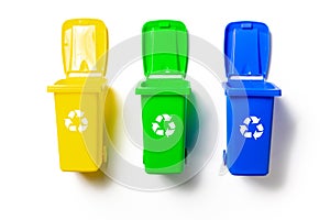 Recycling bins. Yellow, green, blue dustbin for recycle plastic, paper and glass can trash isolated on white background. Container