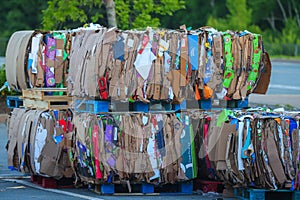 Recycling cardboard packaging concept with stacks of compressed corrugated paper garbage for recycling