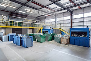 recycling center, with bins for paper, plastic, metal and glass materials