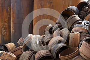 Recycling center piles of tubing, metal and other scrap materials