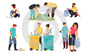 Recycling characters. Cartoon men women and children collecting garbage in containers for sorting and recycling. Vector photo