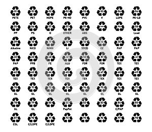 Recycling code icon set. Recycle code icon- Plastic, Battery, Paper, Metal, Organic Biomatter, Glass and Composites.