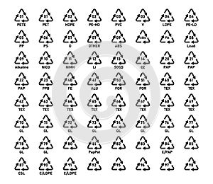 Recycling code icon set. Recycle code icon- Plastic, Battery, Paper, Metal, Organic Biomatter, Glass and Composites.