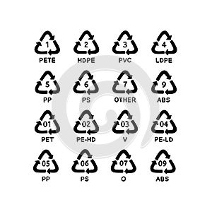 Recycling codes plastic doodle icons, vector color line illustration