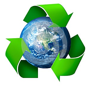Recycling concept 3d symbol arrows around green planet Earth
