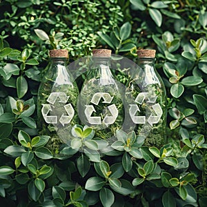 Recycling concept. Glass bottles with recycle sign on green leaves background